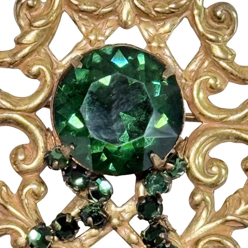 Victorian Revival Brooch Gold Tone Filigree Emerald Green Glass Stones Dangles